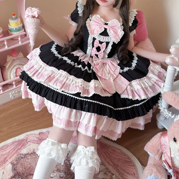 Stück und rosa Ärmel Lolita Schleife Ein Kleid süße kurze Akzente schwarz
