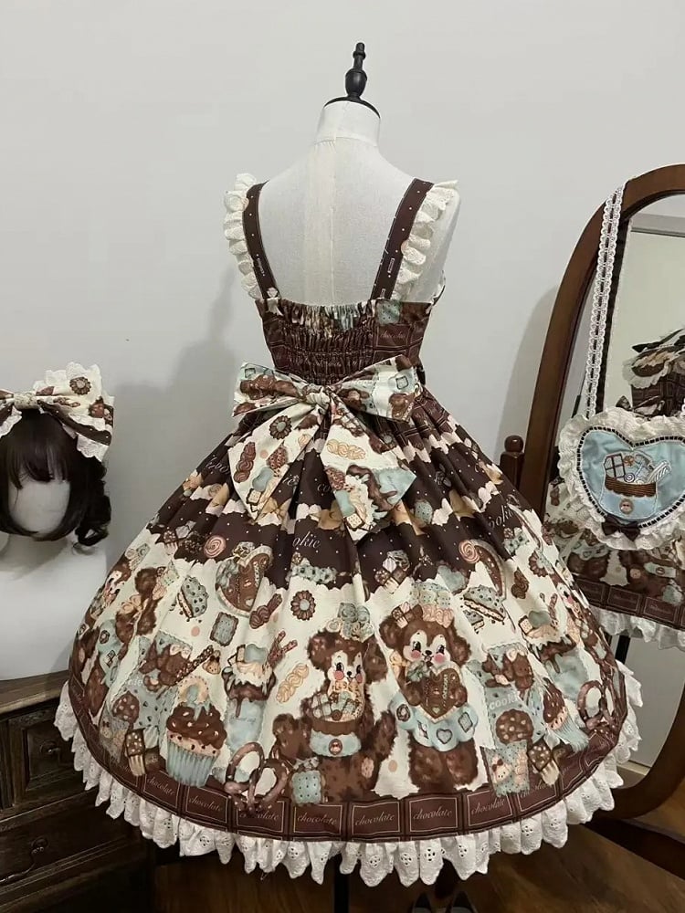 Brown Puppy Print Waist Lolita Fluffy and Cute Cookies High Jumper Sweet Skirt