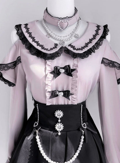 Detachable Design Choker Pink Trim Black Lace Jirai Kei Peter Pan Collar Cutout Shoulder Contrast Blouse with