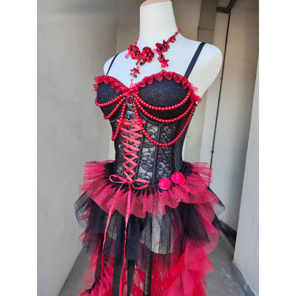 Dark Punk Gothic Black and Red Beaded Lace Irregular Camisole Dress