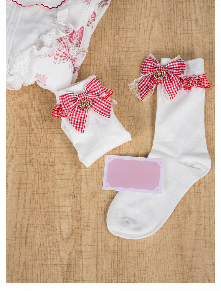 Kei Lolita White Plaid Bowknot with Sweet Ankle/Mid-Calf Socks Jirai Red Style