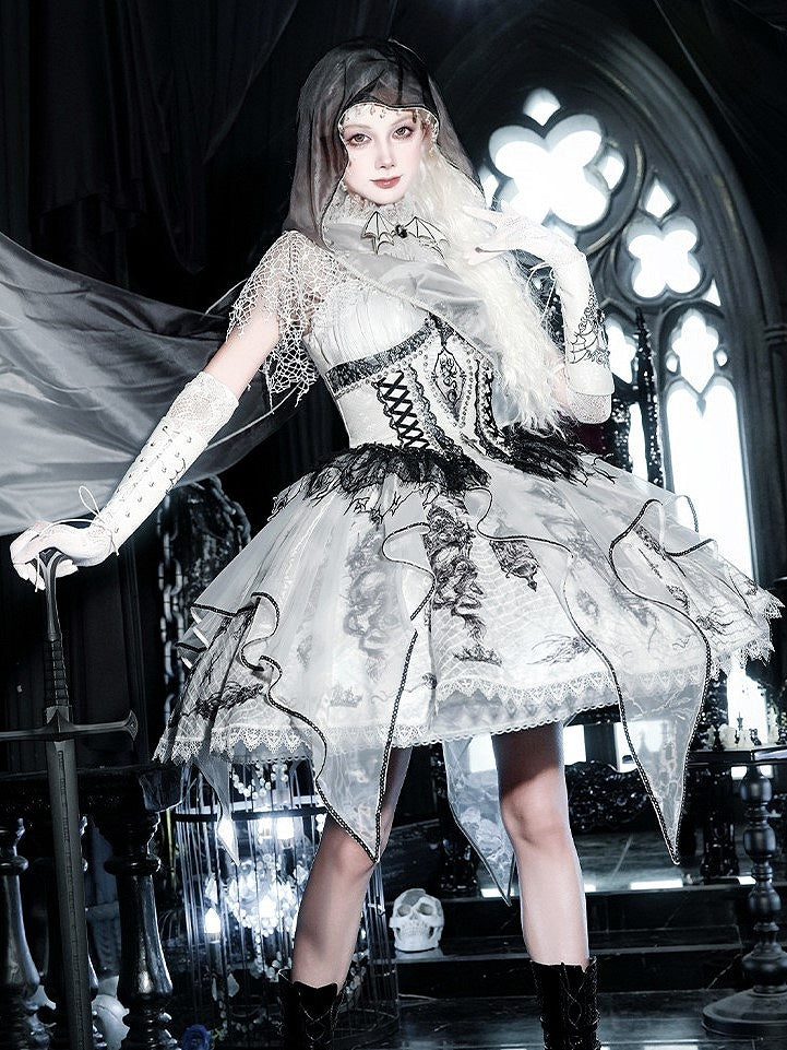 Black & White Bone Dragon Embroidery Halter Neck Gothic Lolita Dress Set - Ying Luo Fu