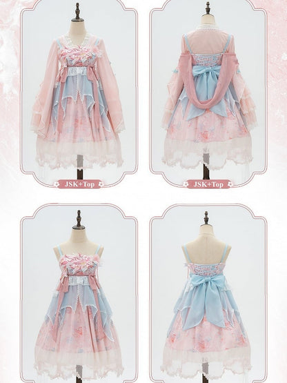 Blouse Han Bell with Lolita Pink Sleeves Lace-Trimmed