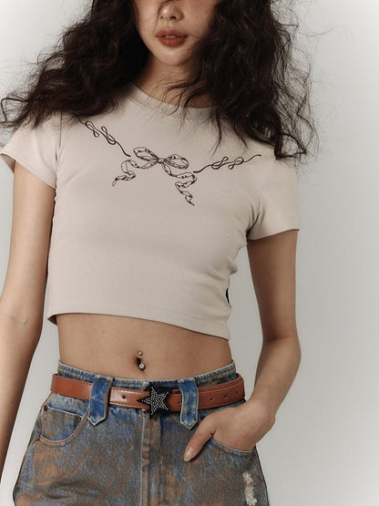 Cropped Lace with Trim Black Bow Punk Cutout Print Khaki T-Shirt Back