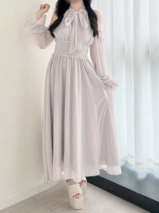 mit Kleid: Grauer heller Stil, Ausschnitt, Unschuld, gesmokt, Kei, Schulter, Taille, Pure Jirai