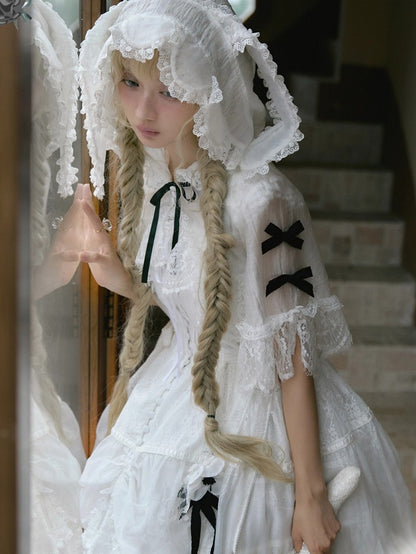 White Flutter Sleeve Petal Hem JSK with Bunny Hood & Lace Skirt Ensemble
