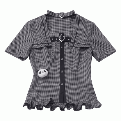 Choker Design Rüschen Saum Plaid Bluse Schwarz Criss-cross All-in-one und