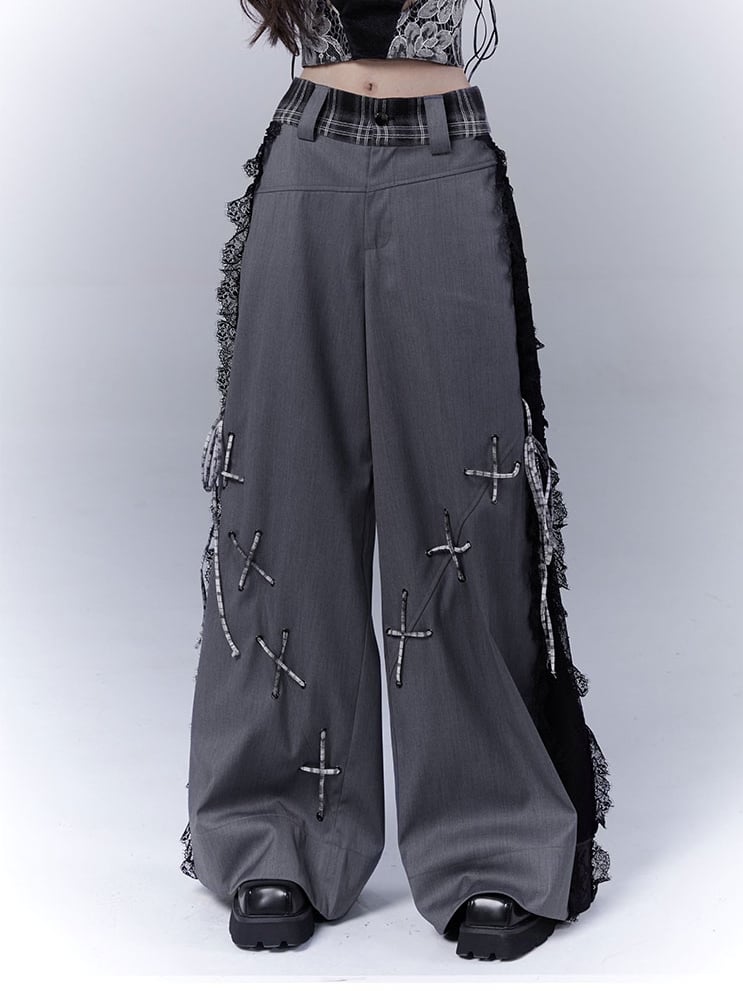 Dark Gray Lace Patches Lace-up with Casual Pants Details Side