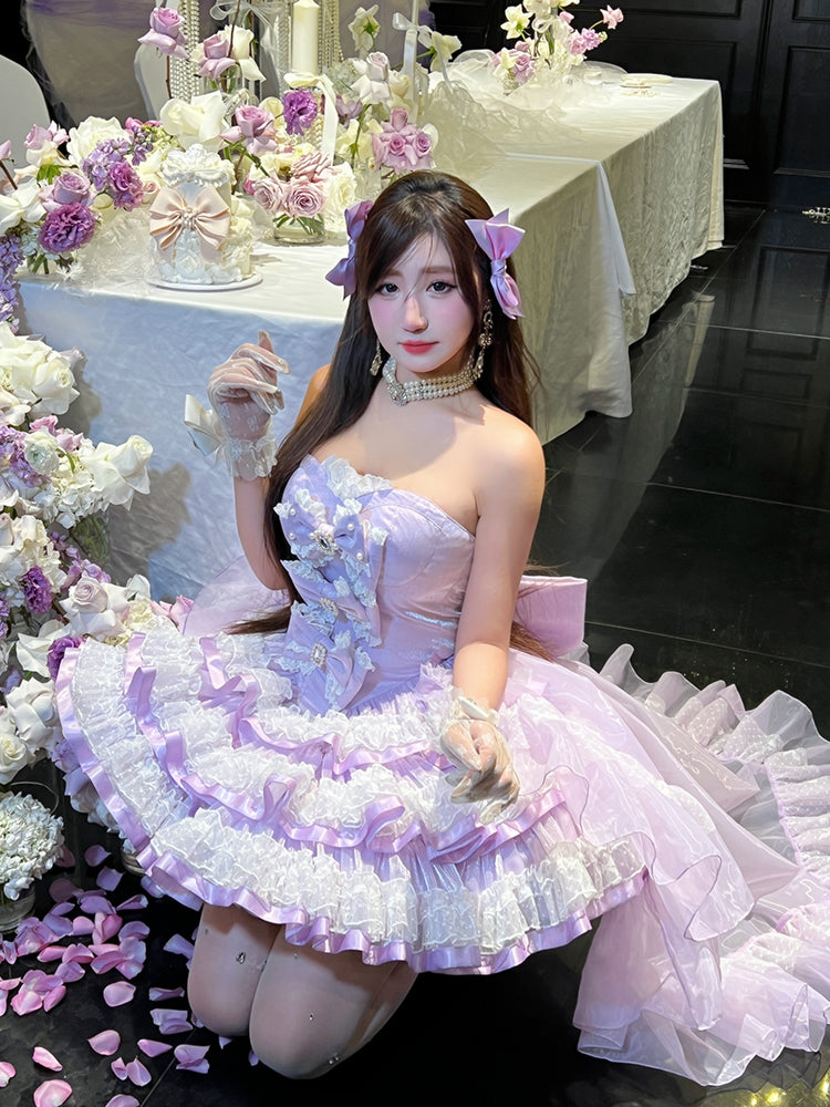 Purple Bows Decorated Bodice Sweet Layered Skirt Princess Birthday Strapless Dress
