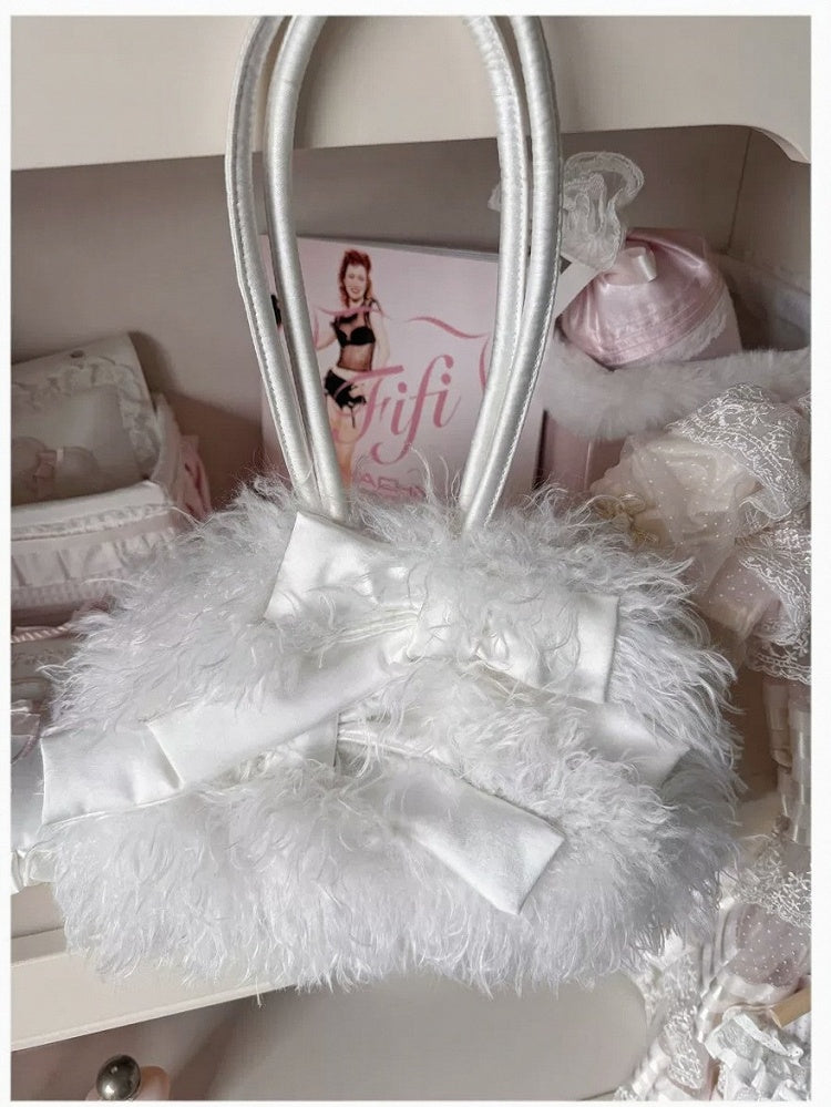 Elegant White Fluffy Bowknot Shoulder Bag - Lalacita