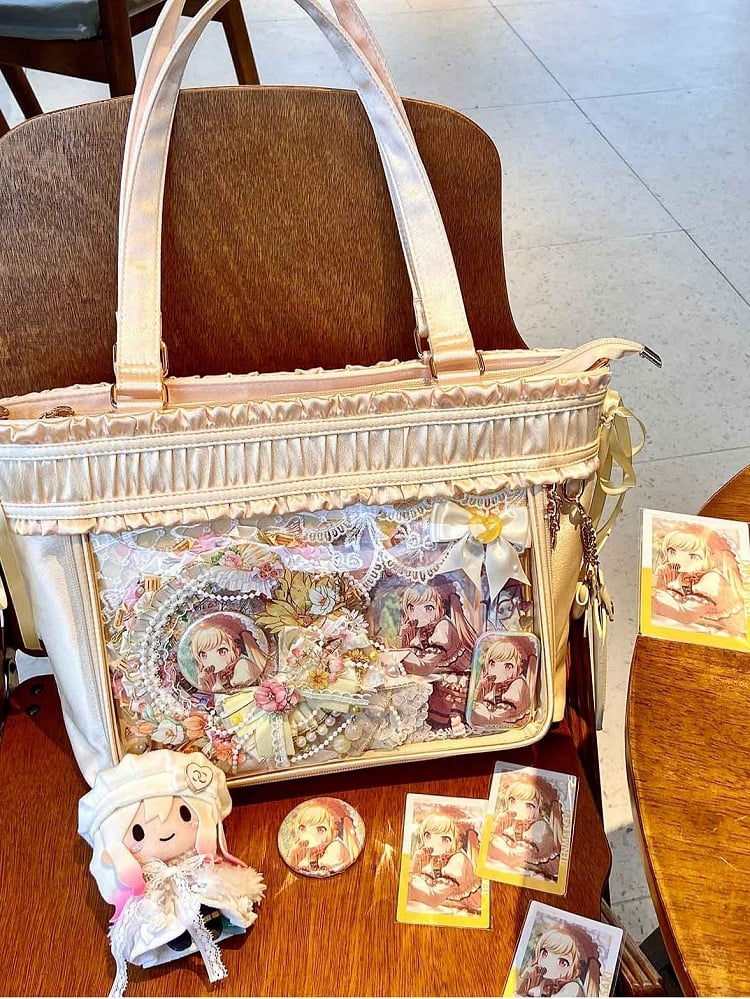 イエロートリムリボンボウラージイタバッグ大容量トートバッグフリル付き