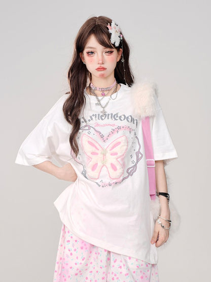 White Oversized Plush Large with Tee print Lettering Butterfly Embroidery