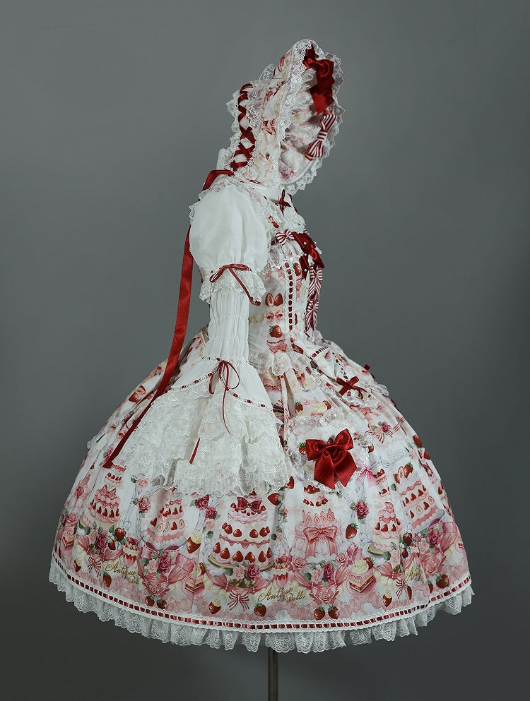 Sweet Bow JSK Full Lolita Accents Print / Weiße Desserts und Set Erdbeere