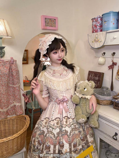 Dress Printed Bear Lolita Lace-Trimmed with Sweet Beige Accents Bow