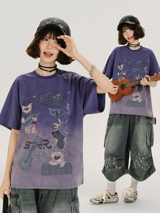 Vintage Purple Faded Wash Design Short Sleeve T-Shirt with Cartoon Print - Girlyhalo