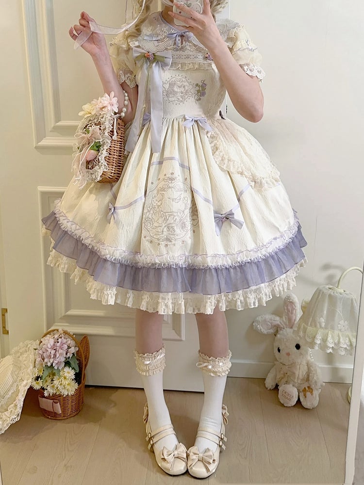 ハイテディウエストの蝶結びドレス ロリータ花柄生地と刺繍