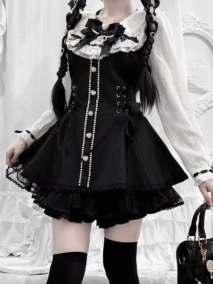 Black & White Jirai-Kei Lace Long Sleeve Dress with Bow & Bead Decorations + Shorts - AOSpace