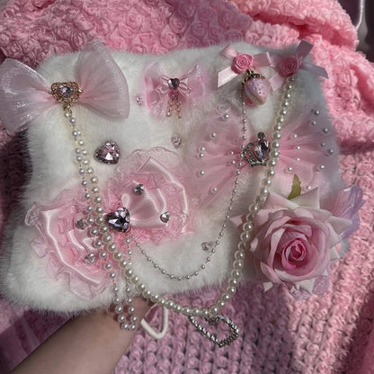 White-Pink Sweet Bag Hime Handmade Dark - Gyaru Lace Black-Pink with