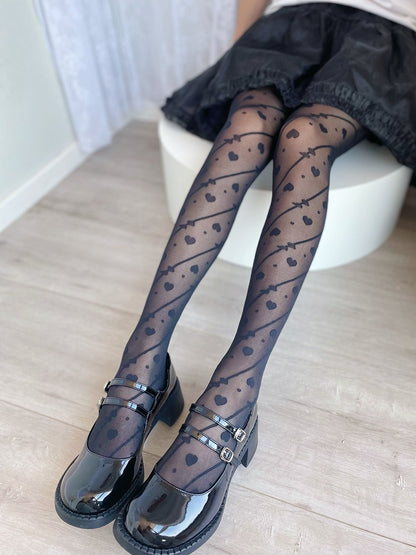 ホワイト/ブラック セミシースルー ハート ロリータ タイツ