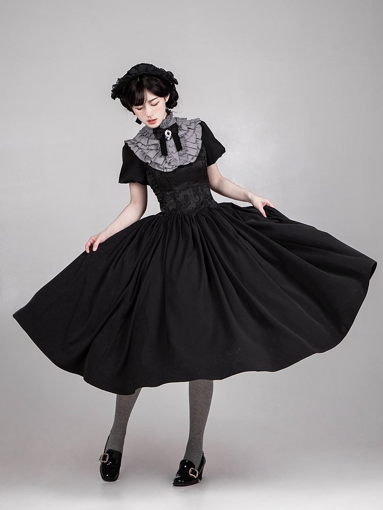 Black Boned Waist Square Neckline Elegant Lolita Dress Long Version