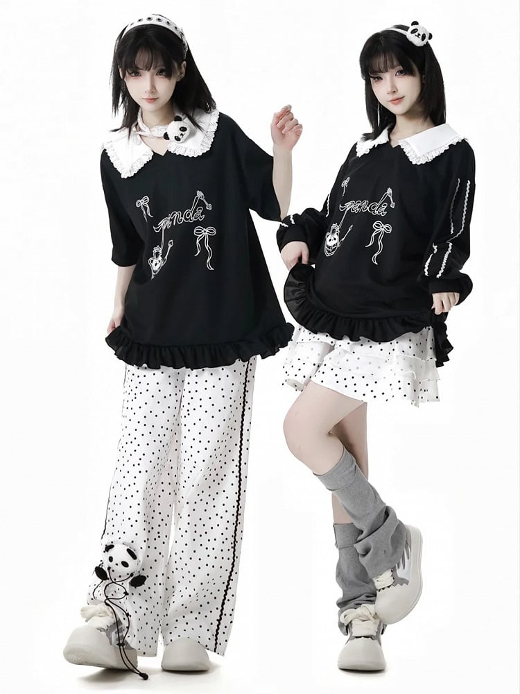 Short/Long Top Sleeves Panda Dessert Print Ruffled Pointed Flat Collar Ruffled Hem Black
