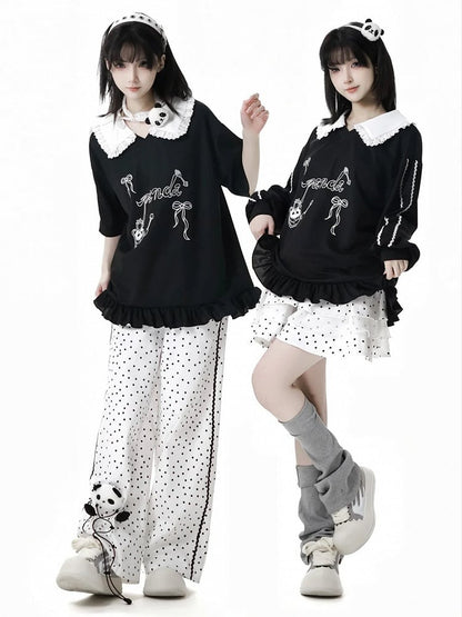 Short/Long Top Sleeves Panda Dessert Print Ruffled Pointed Flat Collar Ruffled Hem Black