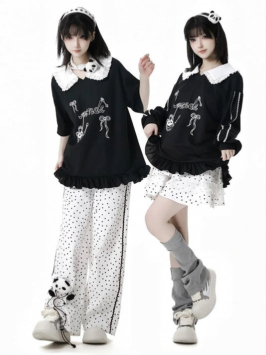Short/Long Top Sleeves Panda Dessert Print Ruffled Pointed Flat Collar Ruffled Hem Black