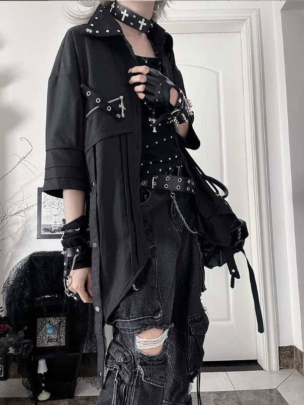 Back Cross Short-Sleeve Print Punk Hem Shirt Asymmetrical Black with