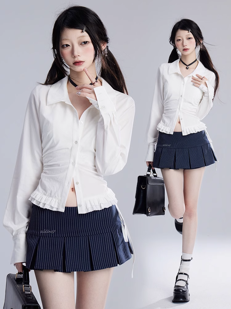 Marineblauer Rock mit Streifenmuster, niedrige Taille, adrette JK-Uniform, Kellerfalten-Minirock