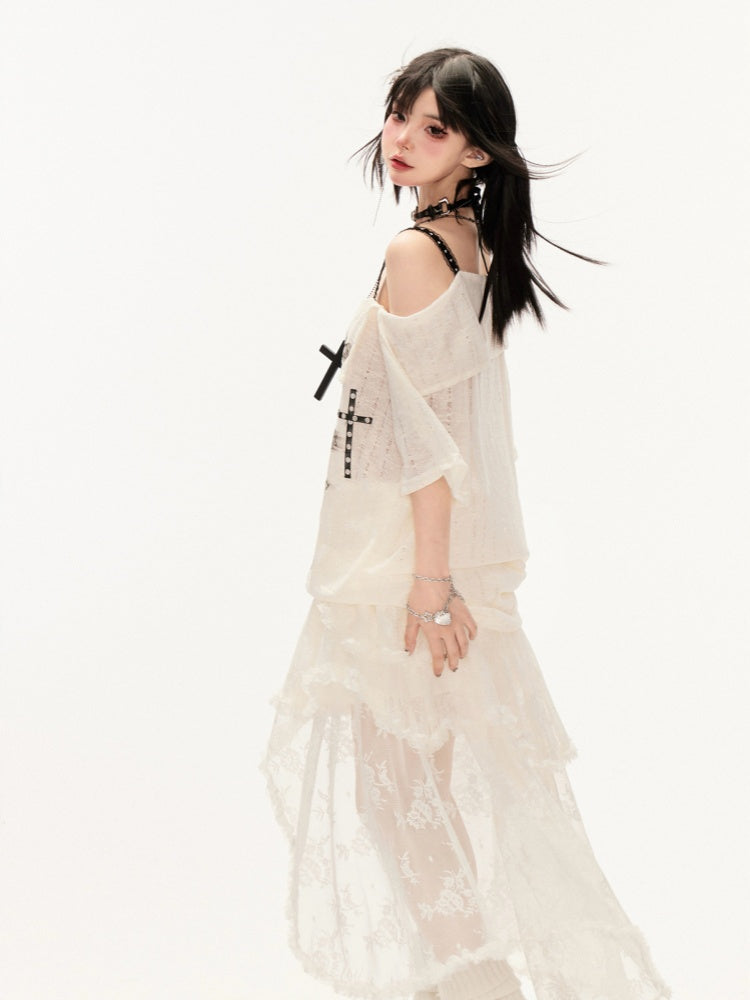 Skirt Apricot Low Hem Waist High-low Tiered Lace Asymmetrical with