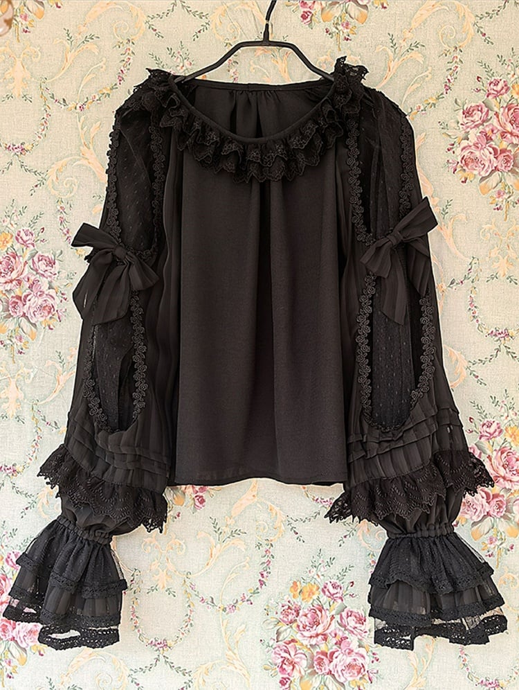 Lolita Semi-sheer Neck Trim Black Sleeves with Lace and Blouse Round Ruffled