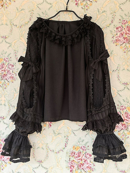 Lolita Semi-sheer Neck Trim Black Sleeves with Lace and Blouse Round Ruffled