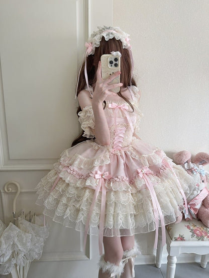 / Multi-Layer Ballet-Style Large Cute Only JSK Dress with Lace Train + Skirt Bow Details Pink Princess Ribbon