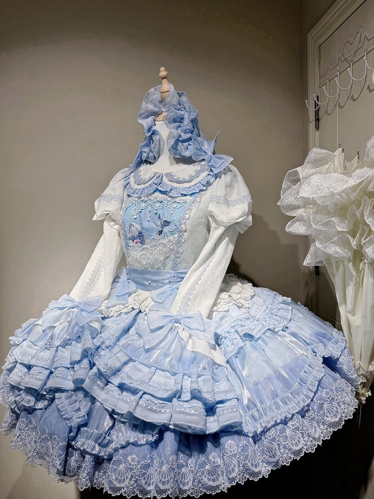 Süße Mieder Ärmeln Abnehmbare Lolita Blau Kleid Strand Wal Druck Stickerei Glocke mit und