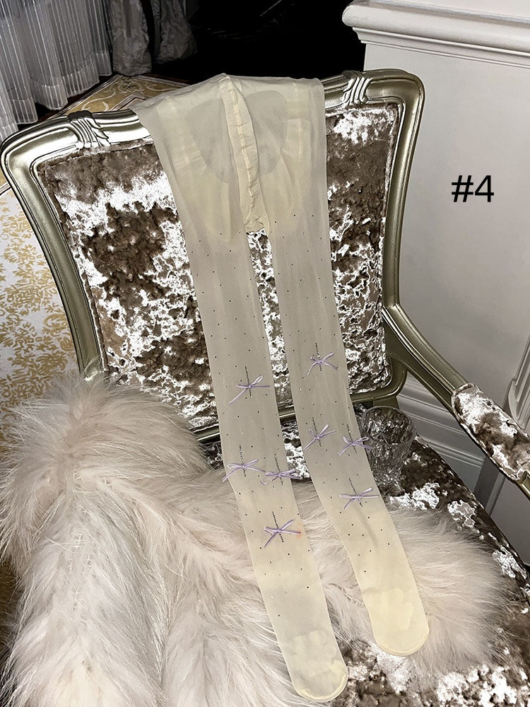 ラインストーンリボンドット柄タイツ