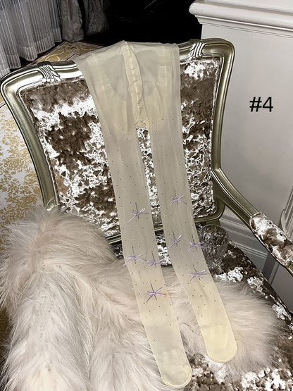 ラインストーンリボンドット柄タイツ