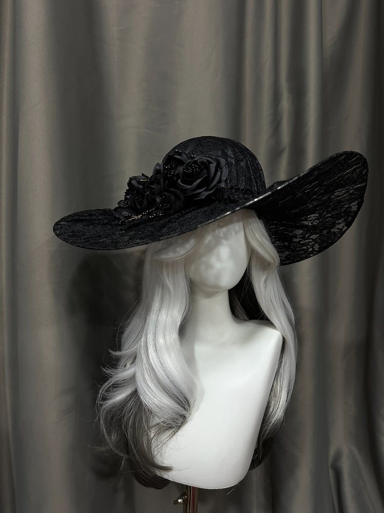 Gothic Lace Hat with Floral Accents - Custom Made Earrings