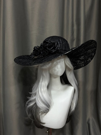 Gothic Lace Hat with Floral Accents - Custom Made Earrings