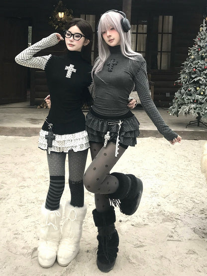 - Neck Polka-dot Pattern High Long Black Top Gothic Sleeve