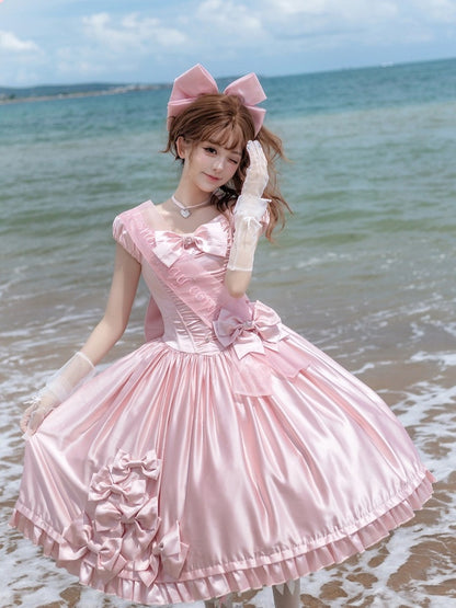 Soft Pink Lolita OP Dress with Satin, Lace and Butterfly Bowknot Details - Snow Lolita