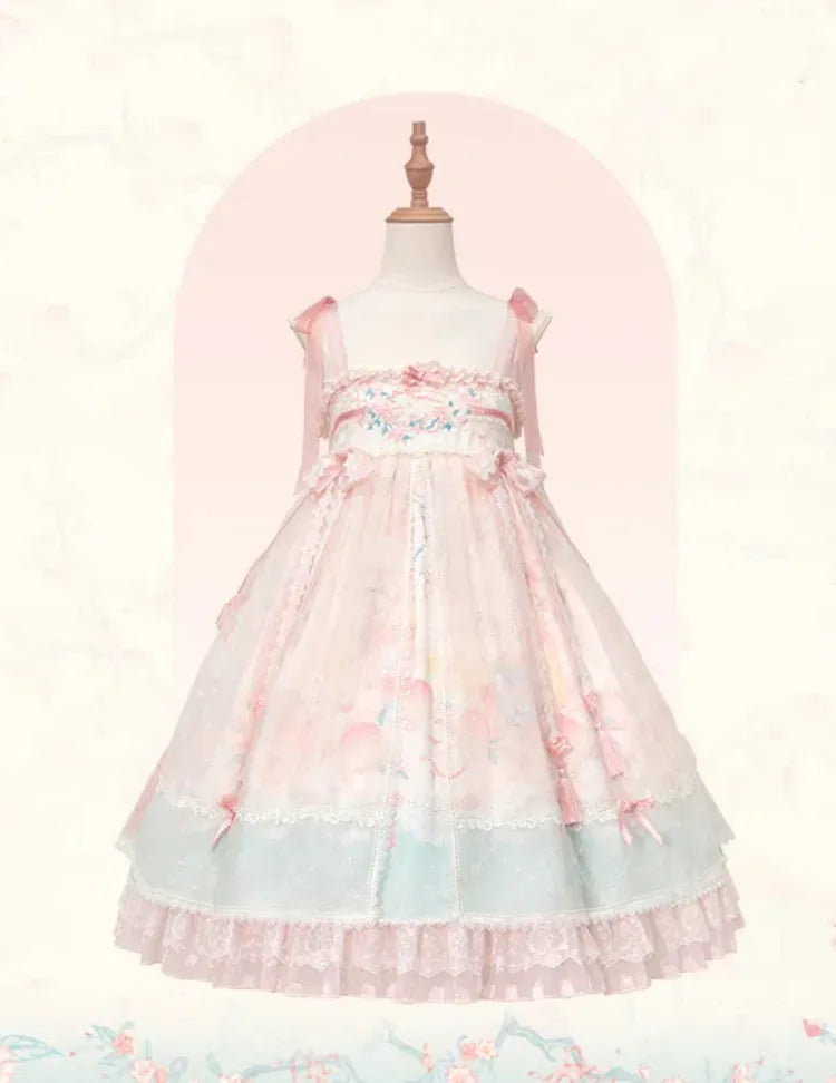 Rosa Han Lolita-Kleid mit Empire-Taille in Pfirsich- und Pfirsichblüten-Print
