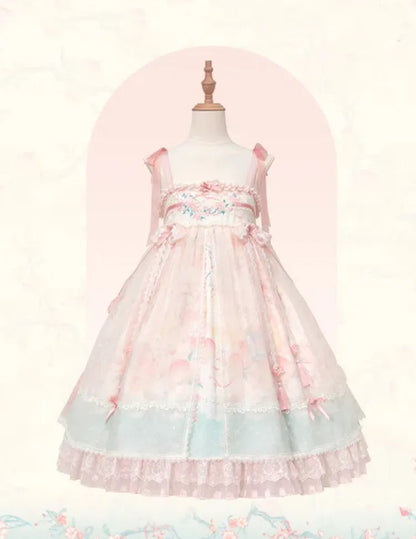 Rosa Han Lolita-Kleid mit Empire-Taille in Pfirsich- und Pfirsichblüten-Print