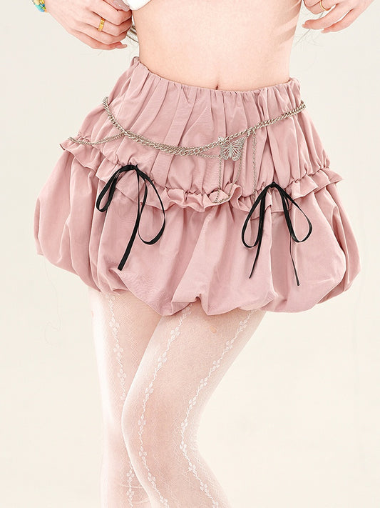 Skirt with Bubble Details Bowknot Pink