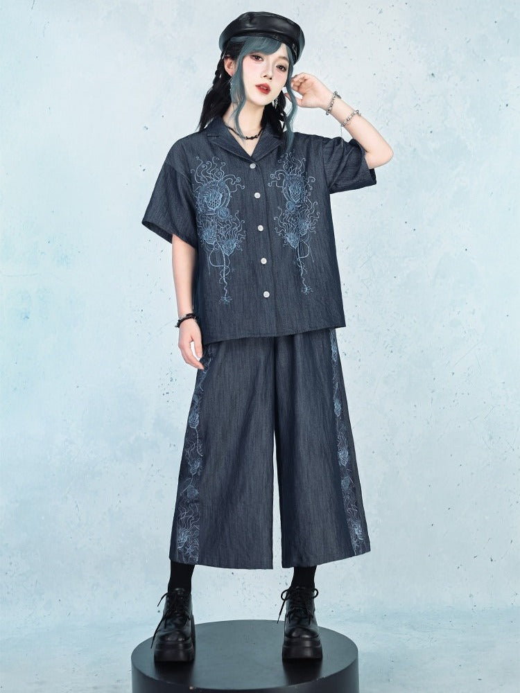 Dark Blue Short Sleeve Shirt with Sea Lily Print - Quirky Hut