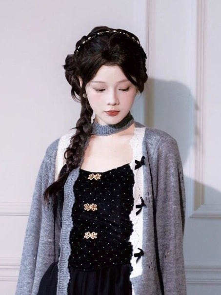 Black Chinese Top with Polka Dot & Gold-tone Buttons - Luo Xiu Dong Xiang