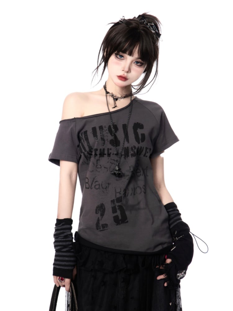 Y2K Letter Print White/Gray Asymmetrical Neckline T-shirt