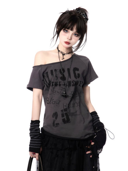 Y2K Letter Print White/Gray Asymmetrical Neckline T-shirt