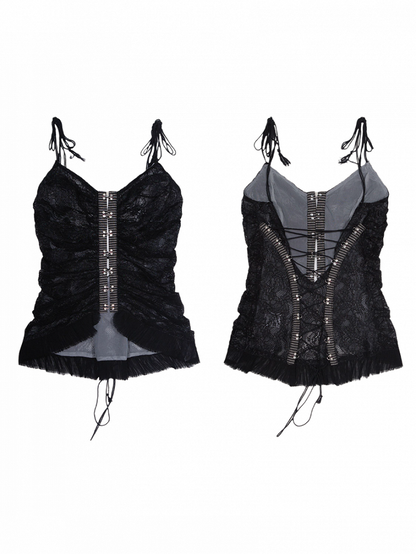 Top Black Floral Cami Gothic Frayed with Front Closure Embroidered Lace Hook-Eye Punk Straps