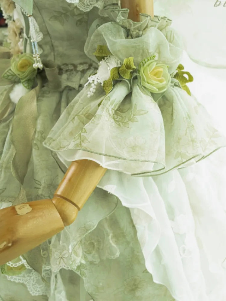 Set Decorated Princess Fairy Dress Flowers Lolita Butterfly JSK Light Full Green Forest