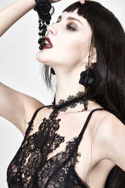 Black Sheer Lace High-Waist Sexy Halter Long Gothic Dress for Women